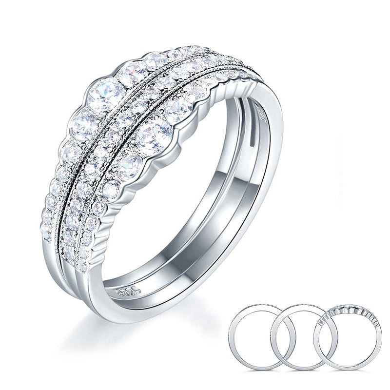Anillo de bodas de aniversario de tres piezas con diamantes simulados pavé en plata de ley
