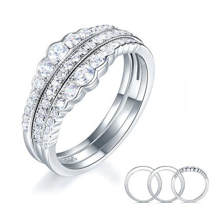 Anillo de bodas de aniversario de tres piezas con diamantes simulados pavé en plata de ley