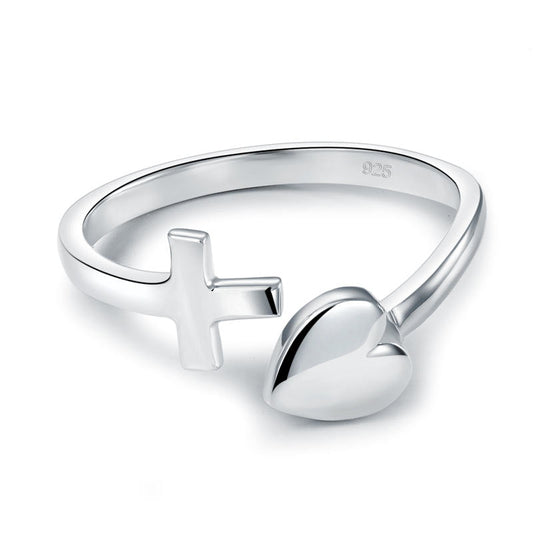 Bague cœur et croix en argent sterling