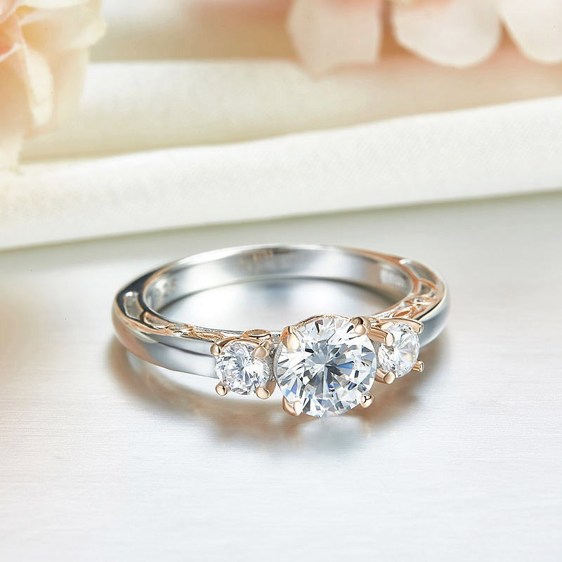 1 CT. Three-Stone Simulated Diamond Ring in Rose Gold Plated Sterling Silver