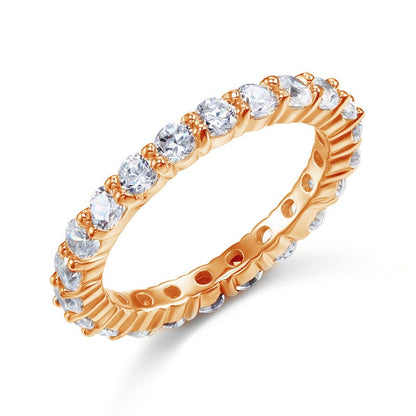 Anillo de eternidad de diamantes simulados redondos de 3 mm en plata de ley y oro rosa.