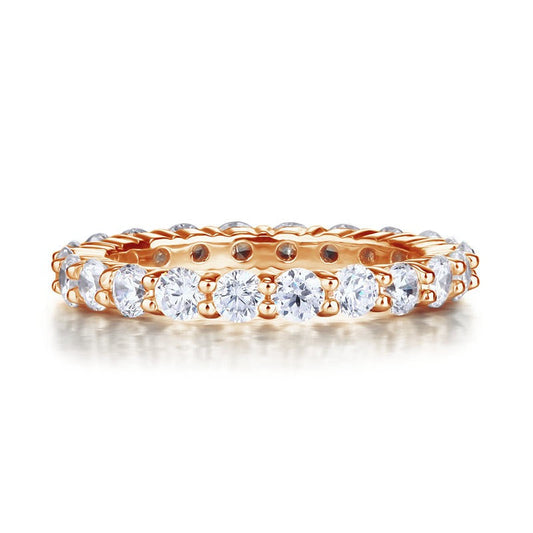 Anillo de eternidad de diamantes simulados redondos de 3 mm en plata de ley y oro rosa.