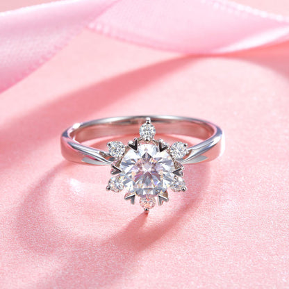 1 CT. Round Moissanite Diamond Flower Halo Engagement Ring in Sterling Silver