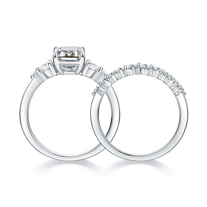 Conjunto nupcial de moissanita de 2 quilates con diamantes de talla esmeralda en plata de ley