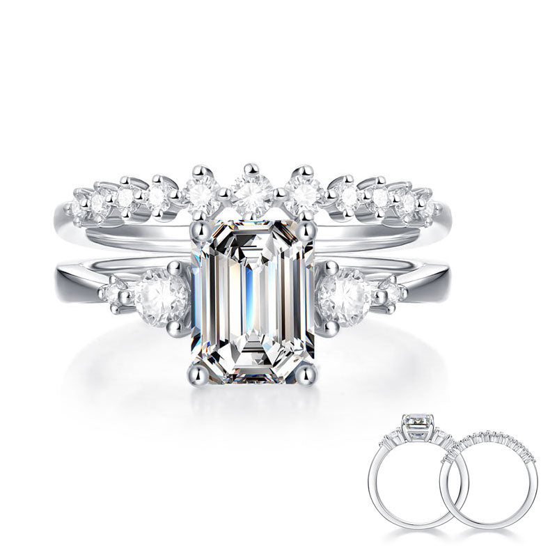 Conjunto nupcial de moissanita de 2 quilates con diamantes de talla esmeralda en plata de ley