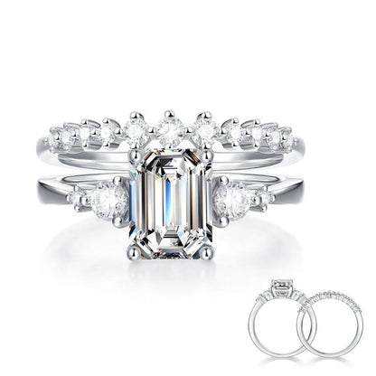 Conjunto nupcial de moissanita de 2 quilates con diamantes de talla esmeralda en plata de ley
