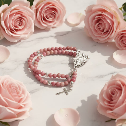 Full Rosary Bracelet with Natural Rhodonite Gemstones and Gift Box