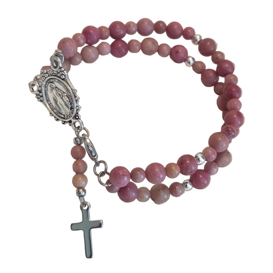 Full Rosary Bracelet with Natural Rhodonite Gemstones and Gift Box