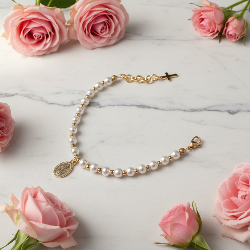 Girls’ 5mm Pearl Bracelet with Gold Miraculous Medal