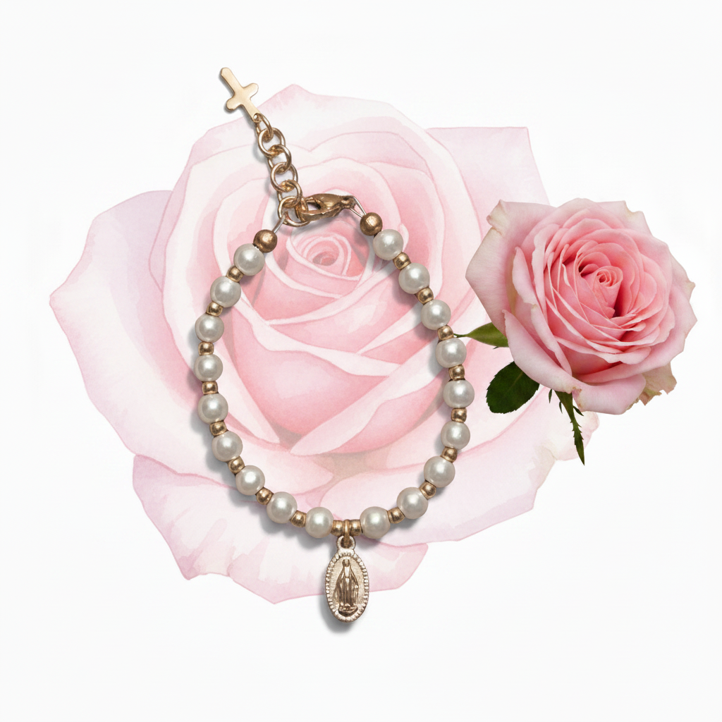 Girls’ 5mm Pearl Bracelet with Gold Miraculous Medal