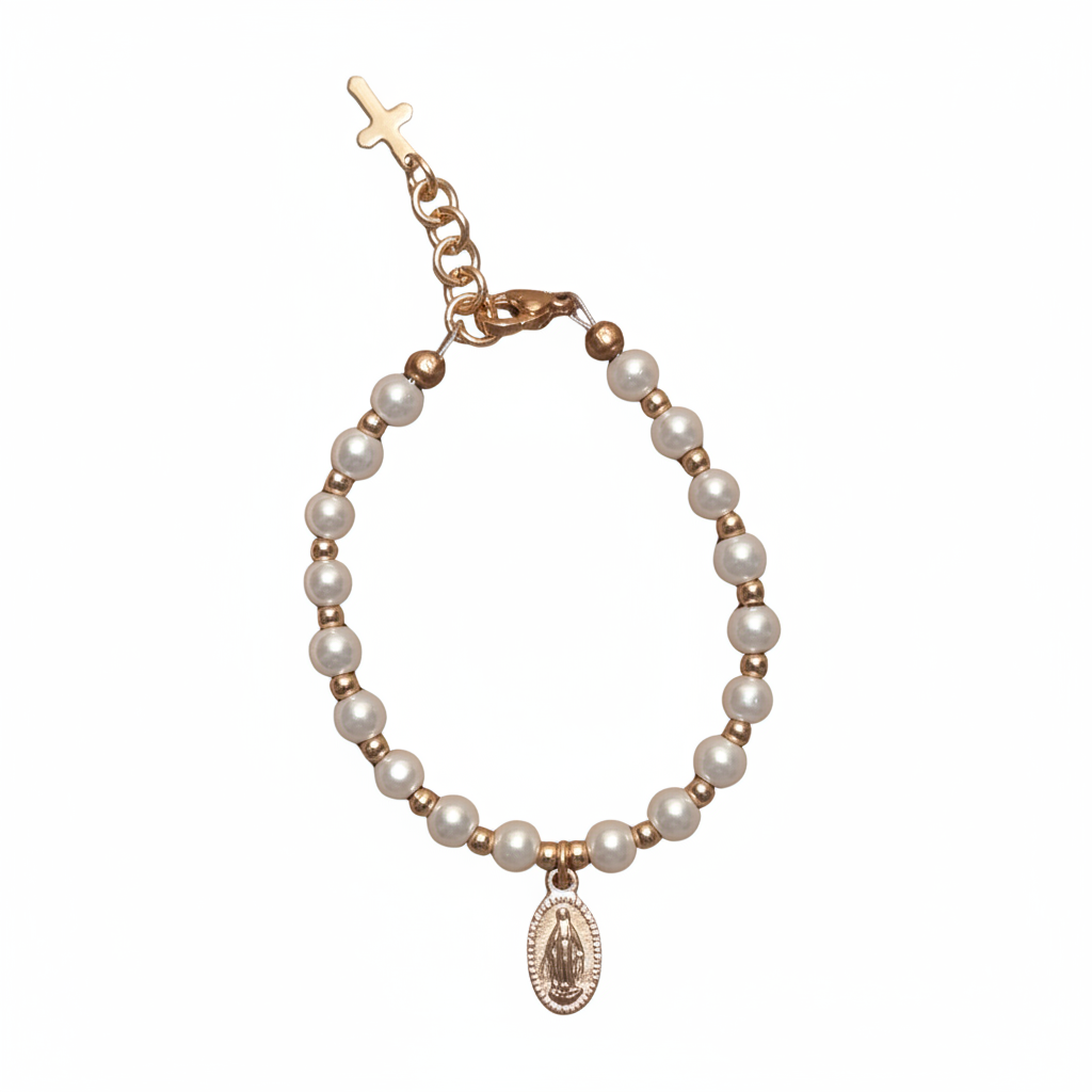 Girls’ 5mm Pearl Bracelet with Gold Miraculous Medal