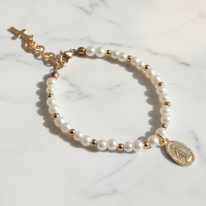 Girls’ Glass Pearl Bracelet with Gold Miraculous Medal