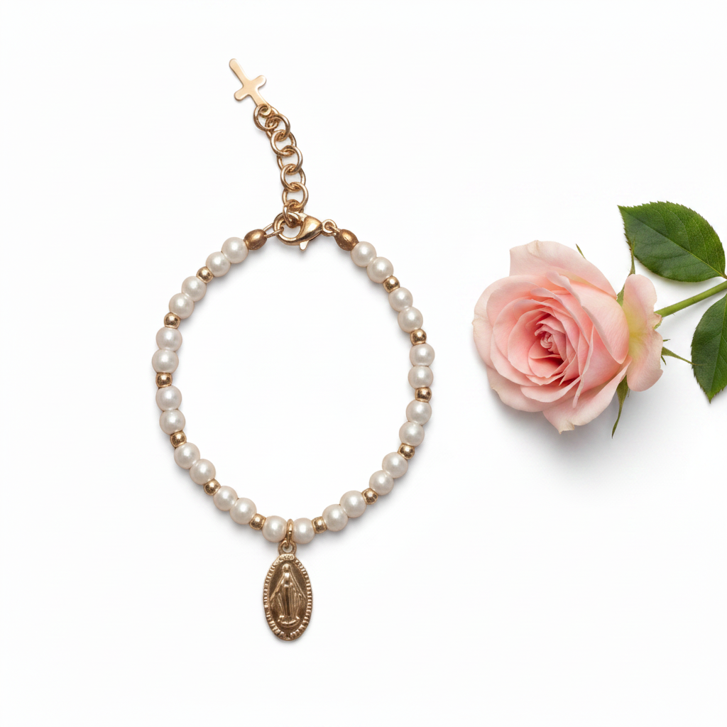 Girls’ Glass Pearl Bracelet with Gold Miraculous Medal