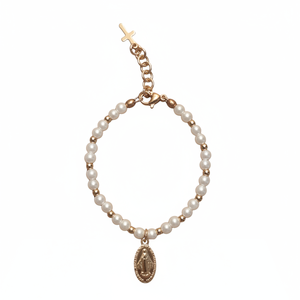 Girls’ Glass Pearl Bracelet with Gold Miraculous Medal
