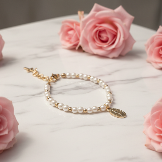 Girls’ Glass Pearl Bracelet with Gold Miraculous Medal