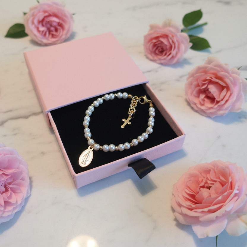 Girls’ Glass Pearl Bracelet with Gold Miraculous Medal
