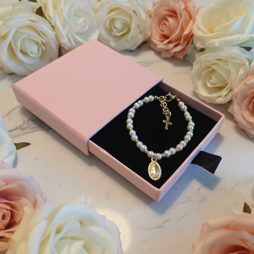 Girls’ Glass Pearl Bracelet with Gold Miraculous Medal