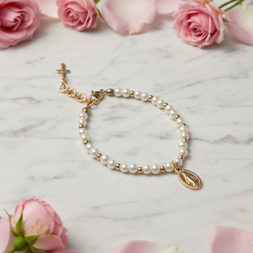 Girls’ Glass Pearl Bracelet with Gold Miraculous Medal
