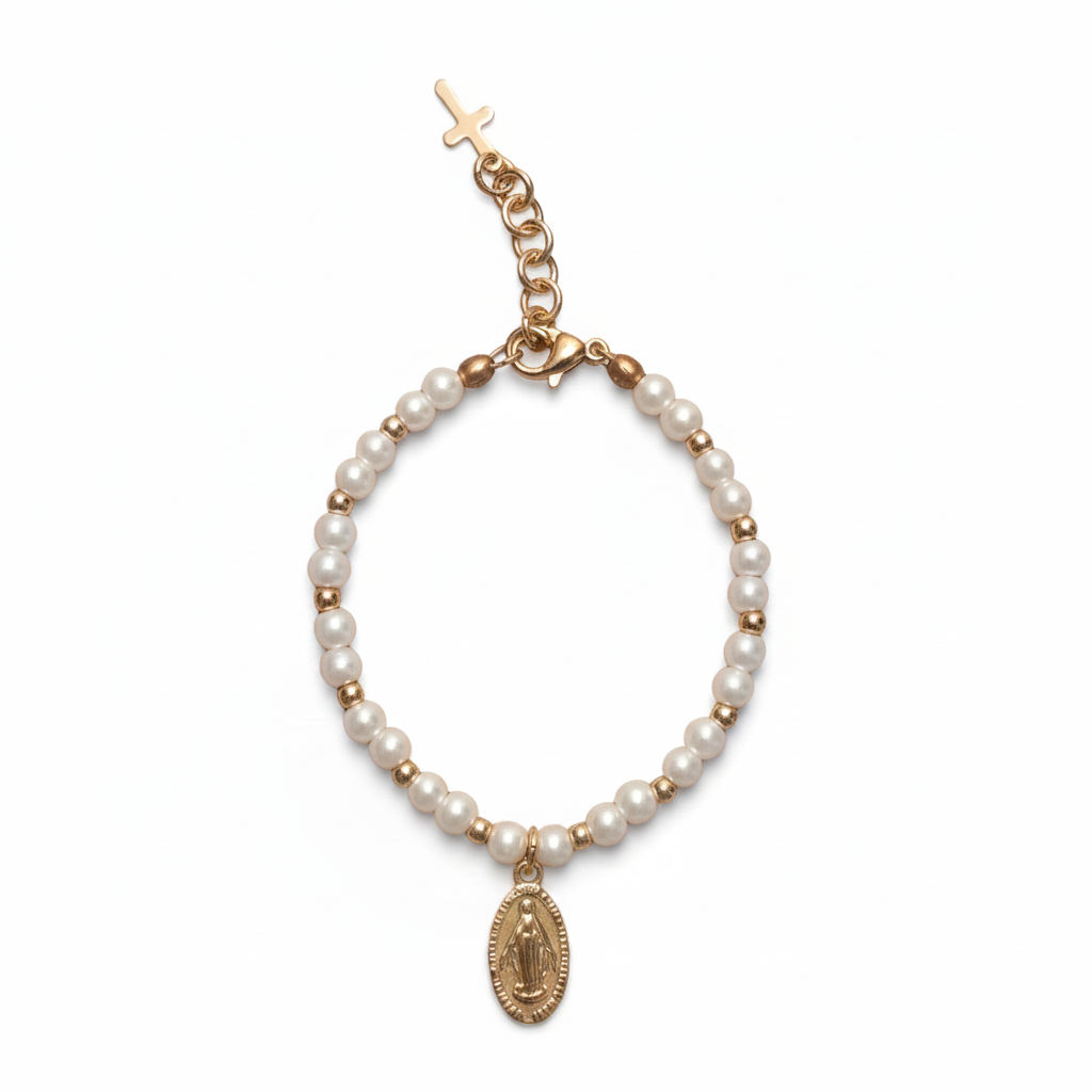 Girls’ Glass Pearl Bracelet with Gold Miraculous Medal