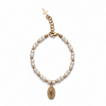 Girls’ Glass Pearl Bracelet with Gold Miraculous Medal