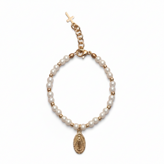 Girls’ Glass Pearl Bracelet with Gold Miraculous Medal