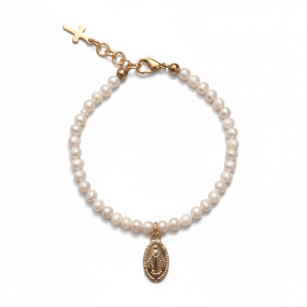 Girls’ Natural Freshwater Pearl Bracelet with Gold Miraculous Medal
