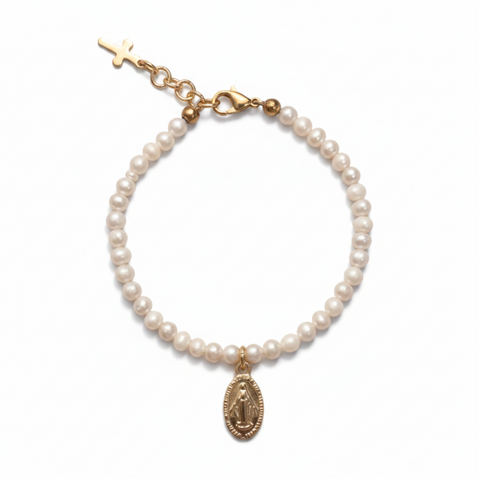 Girls’ Natural Freshwater Pearl Bracelet with Gold Miraculous Medal