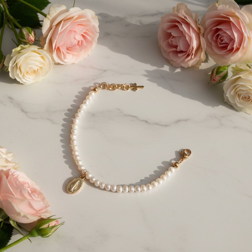 Girls’ Natural Freshwater Pearl Bracelet with Gold Miraculous Medal