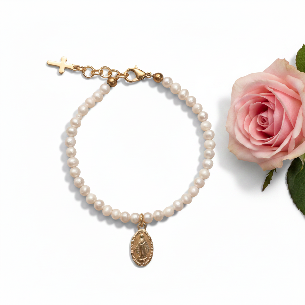 Girls’ Natural Freshwater Pearl Bracelet with Gold Miraculous Medal