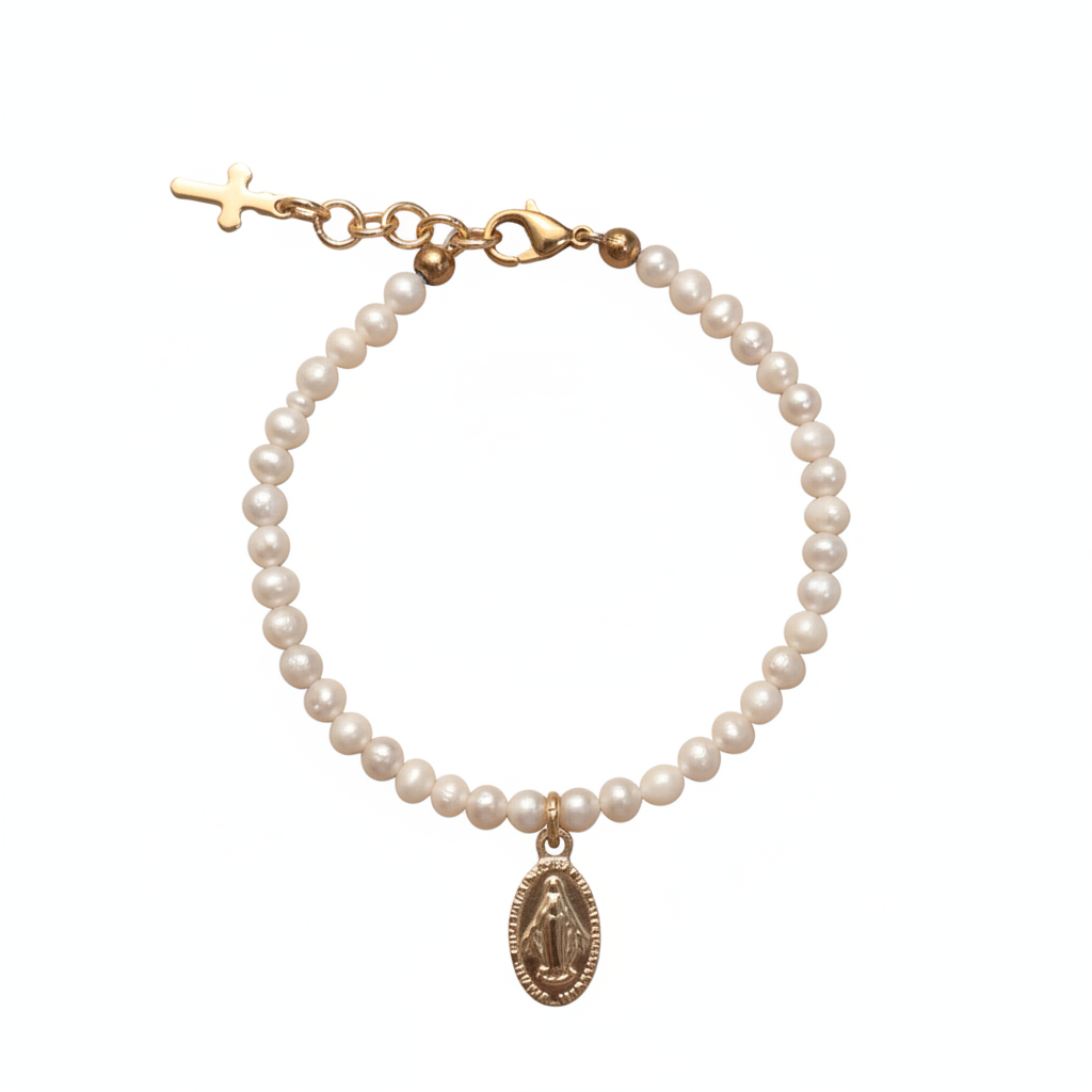 Girls’ Natural Freshwater Pearl Bracelet with Gold Miraculous Medal