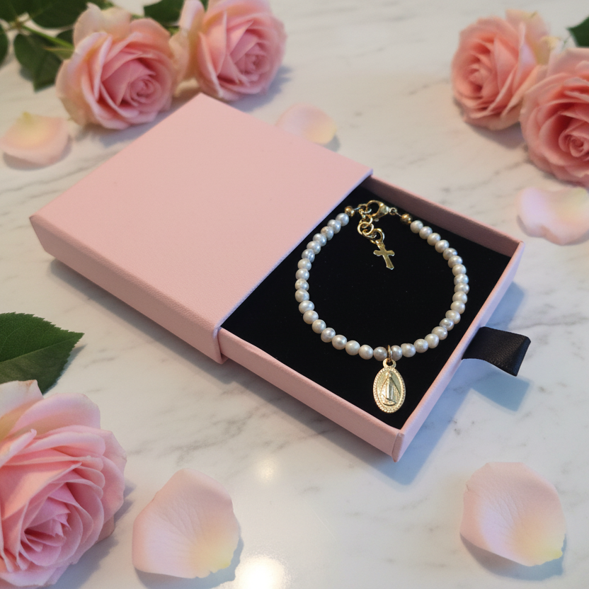 Girls’ Natural Freshwater Pearl Bracelet with Gold Miraculous Medal