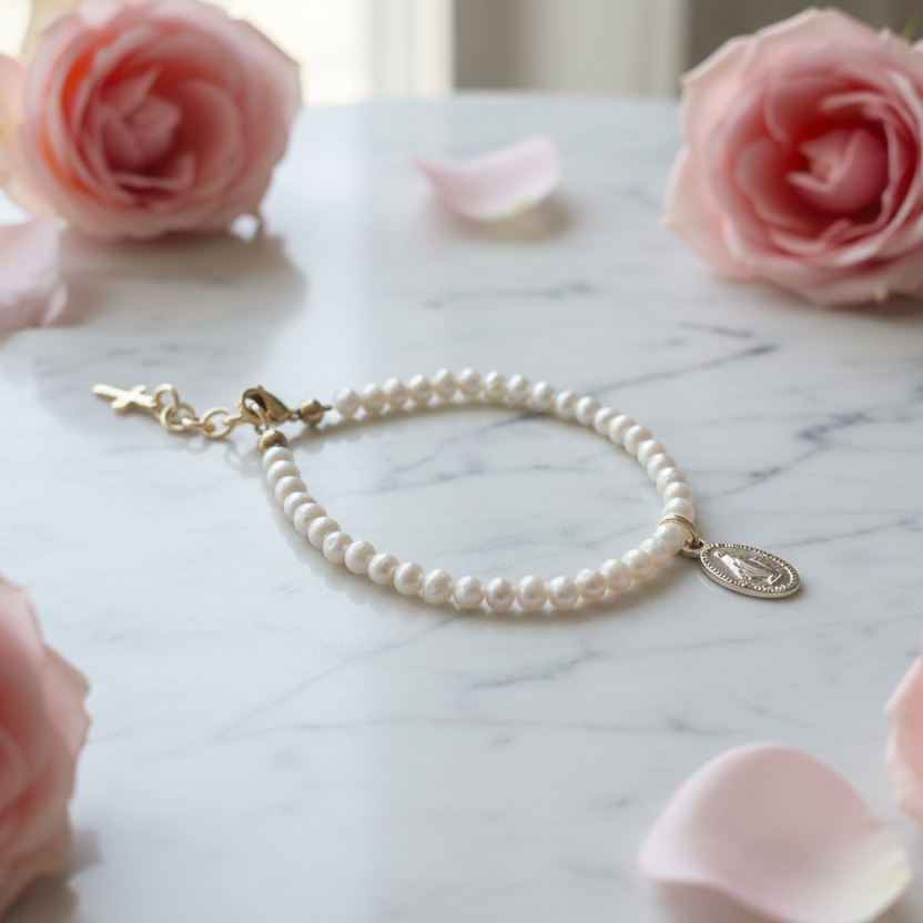 Girls’ Natural Freshwater Pearl Bracelet with Gold Miraculous Medal