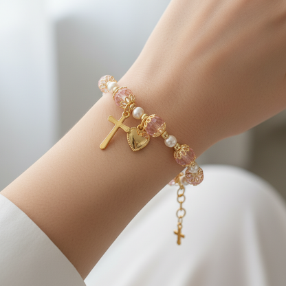 Girls' Pink and Gold Plated Pearl Cross Heart Deluxe Bracelet