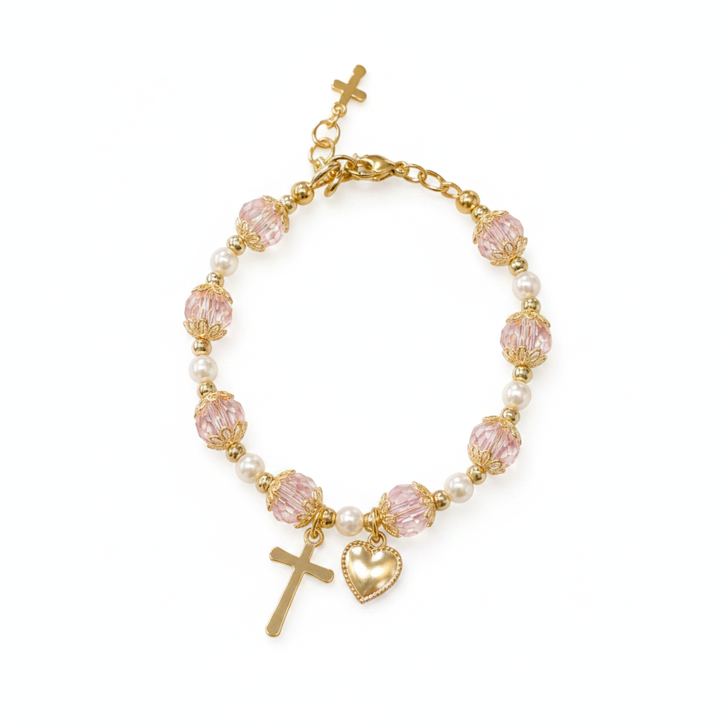 Girls' Pink and Gold Plated Pearl Cross Heart Deluxe Bracelet
