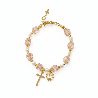 Girls' Pink and Gold Plated Pearl Cross Heart Deluxe Bracelet