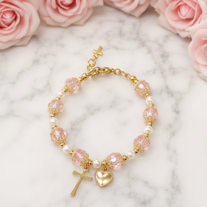 Girls' Pink and Gold Plated Pearl Cross Heart Deluxe Bracelet