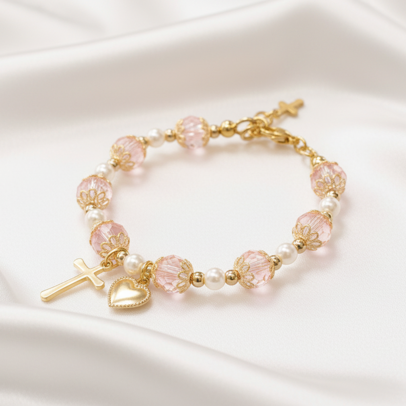 Girls' Pink and Gold Plated Pearl Cross Heart Deluxe Bracelet