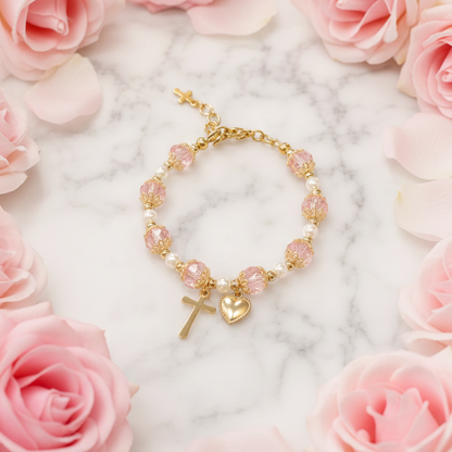 Girls' Pink and Gold Plated Pearl Cross Heart Deluxe Bracelet