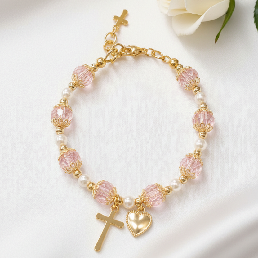 Girls' Pink and Gold Plated Pearl Cross Heart Deluxe Bracelet