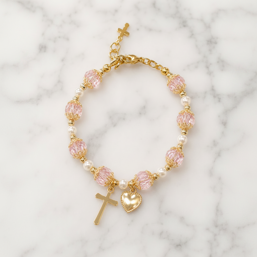 Girls' Pink and Gold Plated Pearl Cross Heart Deluxe Bracelet