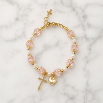 Girls' Pink and Gold Plated Pearl Cross Heart Deluxe Bracelet