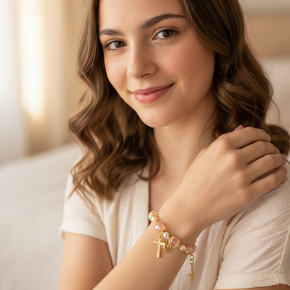 Girls' Pink and Gold Plated Pearl Cross Heart Deluxe Bracelet