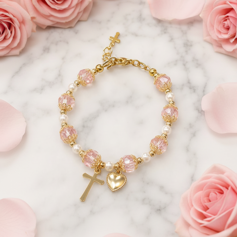 Girls' Pink and Gold Plated Pearl Cross Heart Deluxe Bracelet