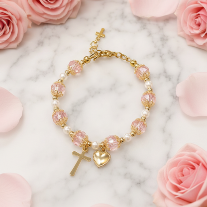 Girls' Pink and Gold Plated Pearl Cross Heart Deluxe Bracelet