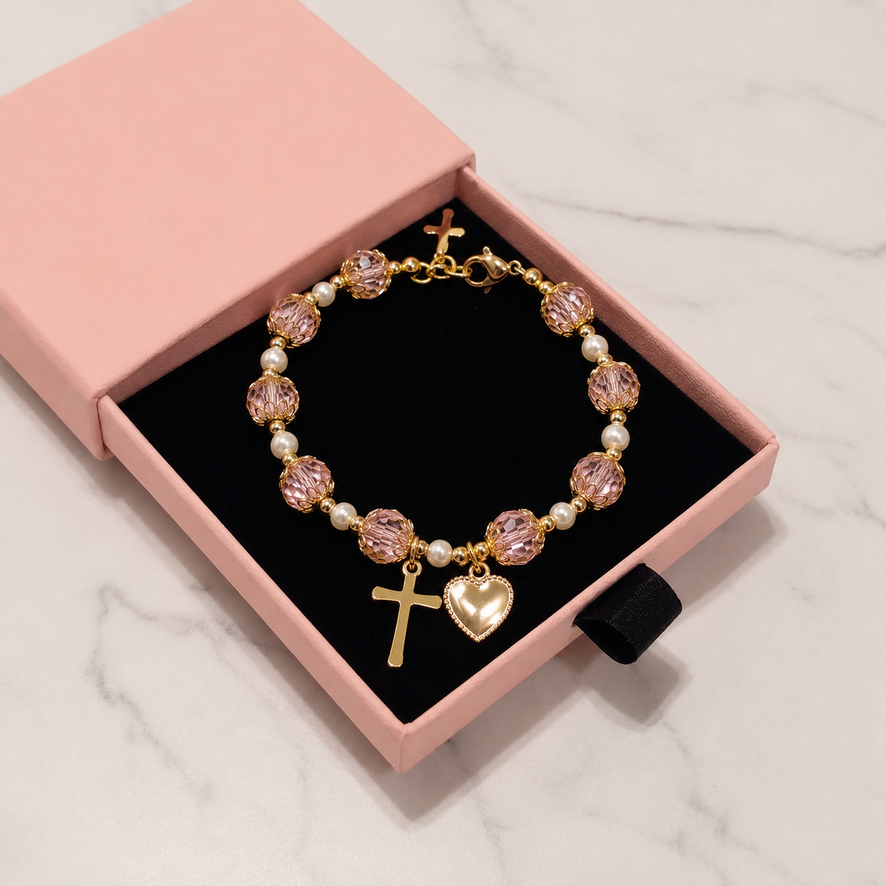 Girls' Pink and Gold Plated Pearl Cross Heart Deluxe Bracelet