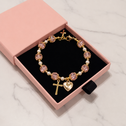 Girls' Pink and Gold Plated Pearl Cross Heart Deluxe Bracelet
