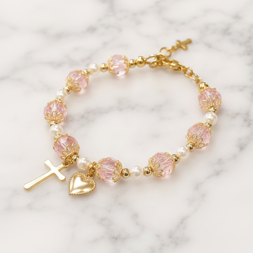 Girls' Pink and Gold Plated Pearl Cross Heart Deluxe Bracelet