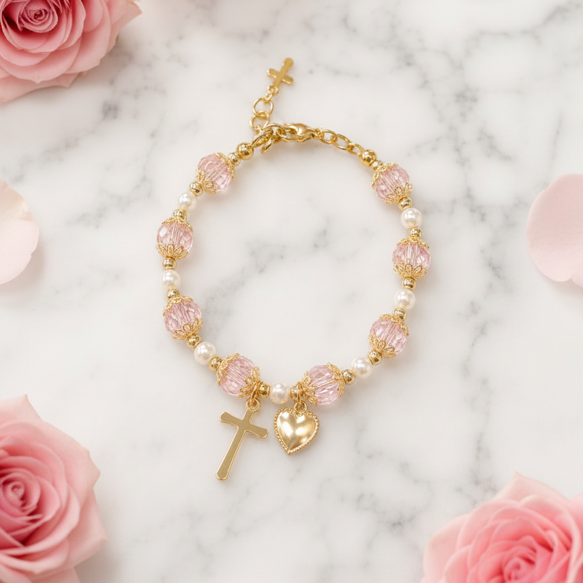 Girls' Pink and Gold Plated Pearl Cross Heart Deluxe Bracelet