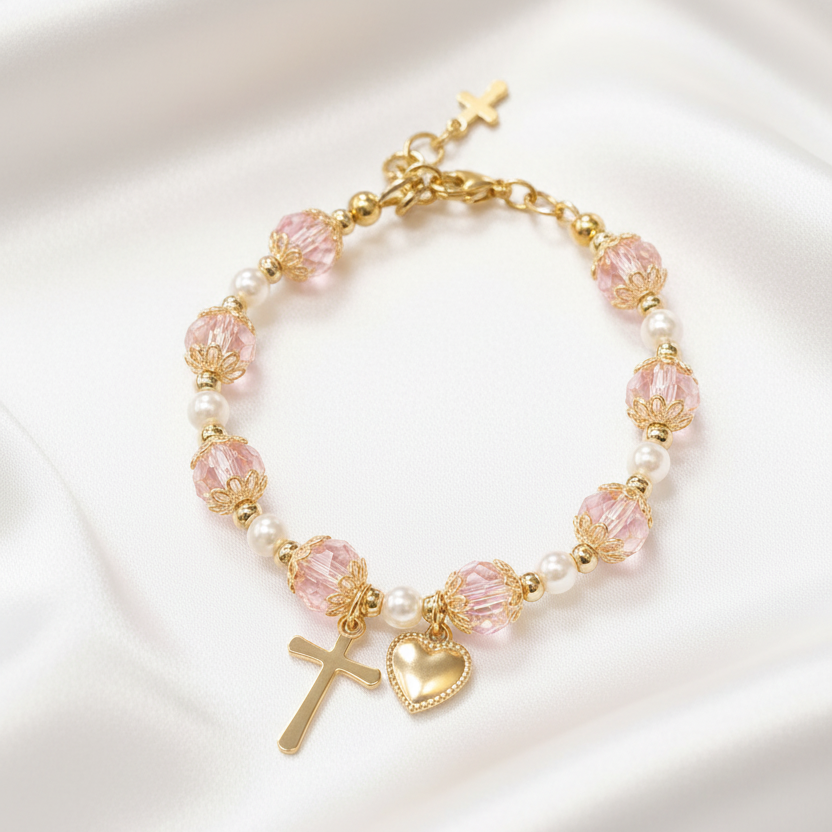 Girls' Pink and Gold Plated Pearl Cross Heart Deluxe Bracelet