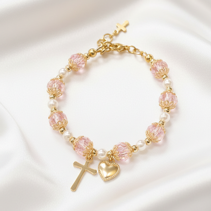 Girls' Pink and Gold Plated Pearl Cross Heart Deluxe Bracelet